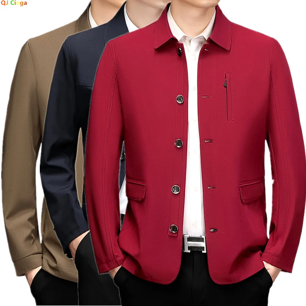 

Autumn Red Men's Long-sleeve Collared Jacket, Black Single-breasted Casual Coat, Navy and Khaki Tops.