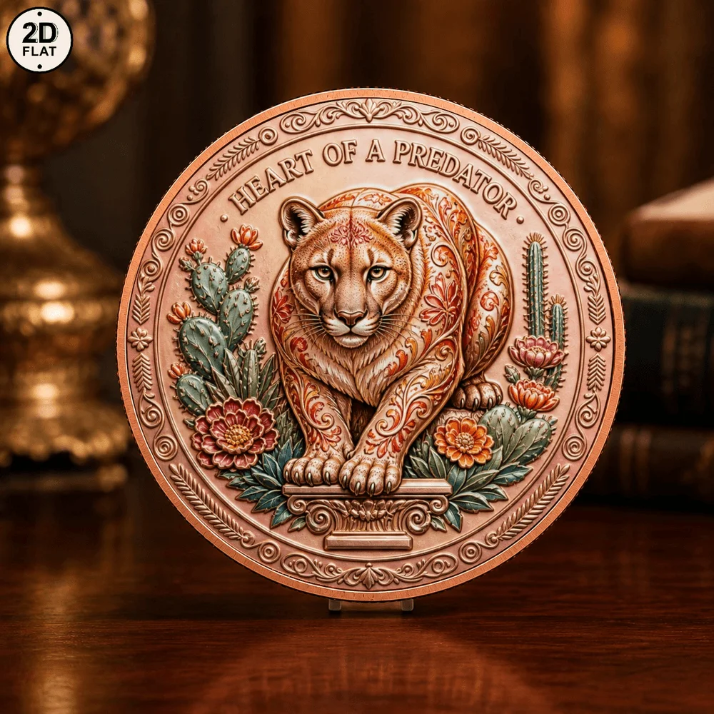1pc Floral Desert Cougar 1oz .999 Fine Copper Challenge Coin 2D Print Mountain Lion Collectible Medal Gift for Nature Fans