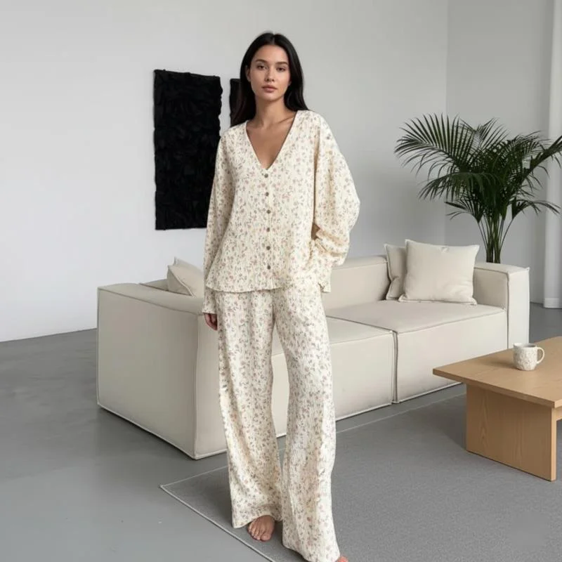 طقم بيجامة نسائي من نسيج القطن بنقشة الزهور وأكمام طويلة، سروال فضفاض مريح، مناسب للمنزل، ملابس يومية، نمط الخريف