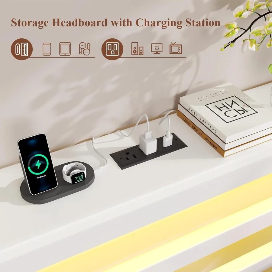 إطار سرير بحجم كينج مع لوح رأسي للتخزين وسرير بمنصة صناعية مع محطة شحن وأضواء LED ومساحة تخزين تحت السرير #3