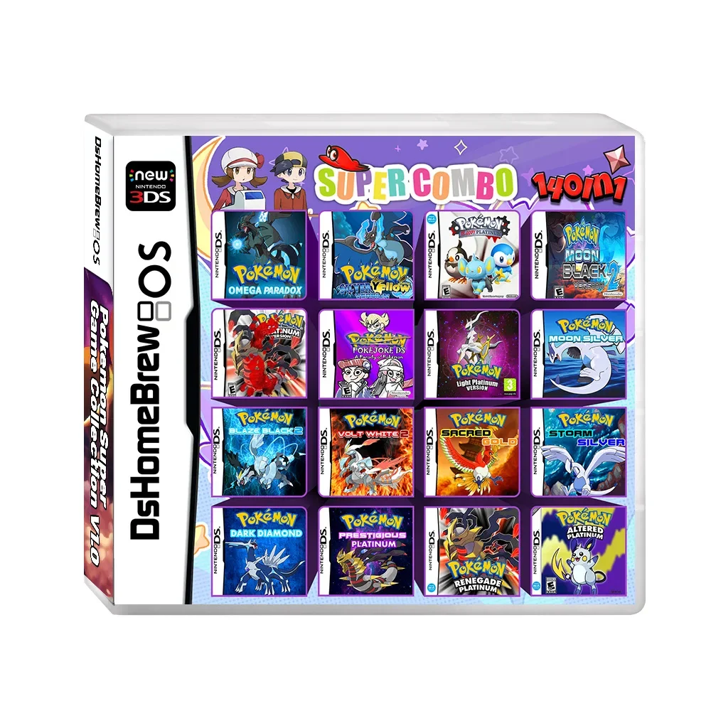 NDS Pokémon Jogo Combo cartão NDS Pokémon 140 em 1 Coleção de jogos Versão americana Inglês