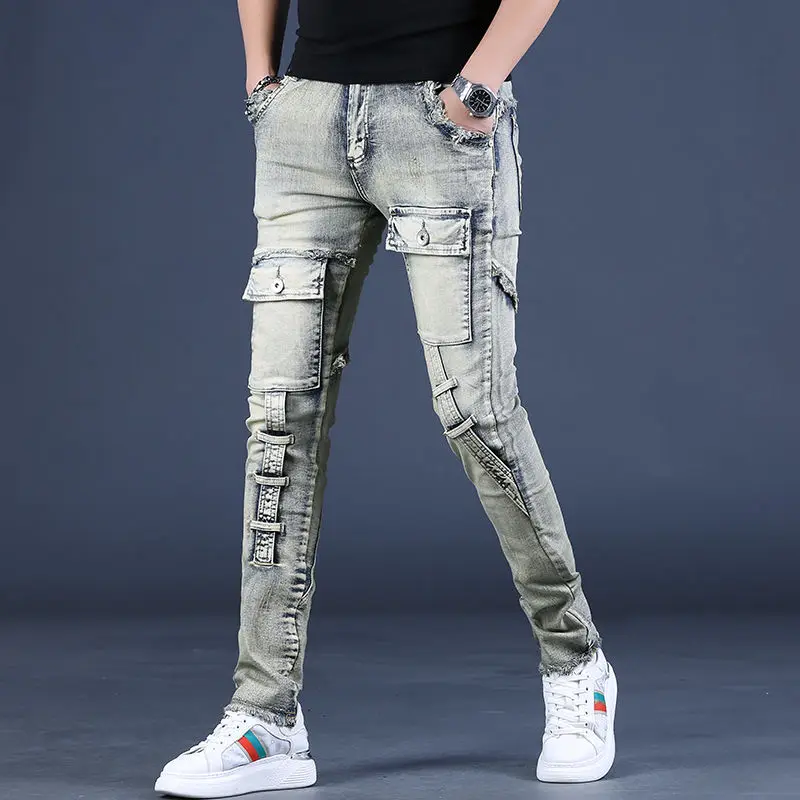 2022 new summer European and American high street tide brand retro motorcycle riding pants jeans patch men's trousers thin