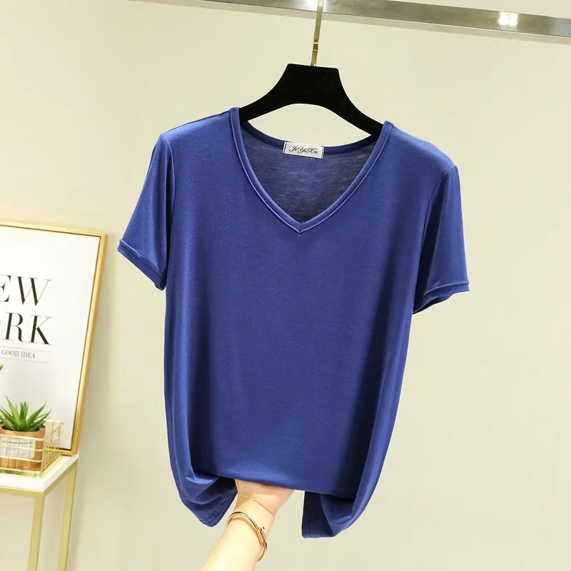 Women Summer Ice Silk Modal Short Sleeve V Neck Low Cut Loose White Face Mask T Shirt Casual Versatile Base Layer Top