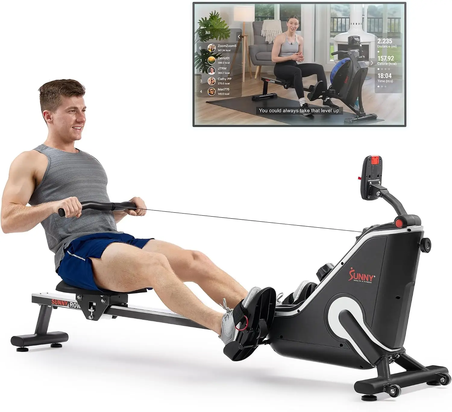 Smart Flippable Magnetic Rower, 50 Inches Quiet & Smooth Stainless Steel Slide Rail, Full-Body Low-Impact Exercise Rowing Machin