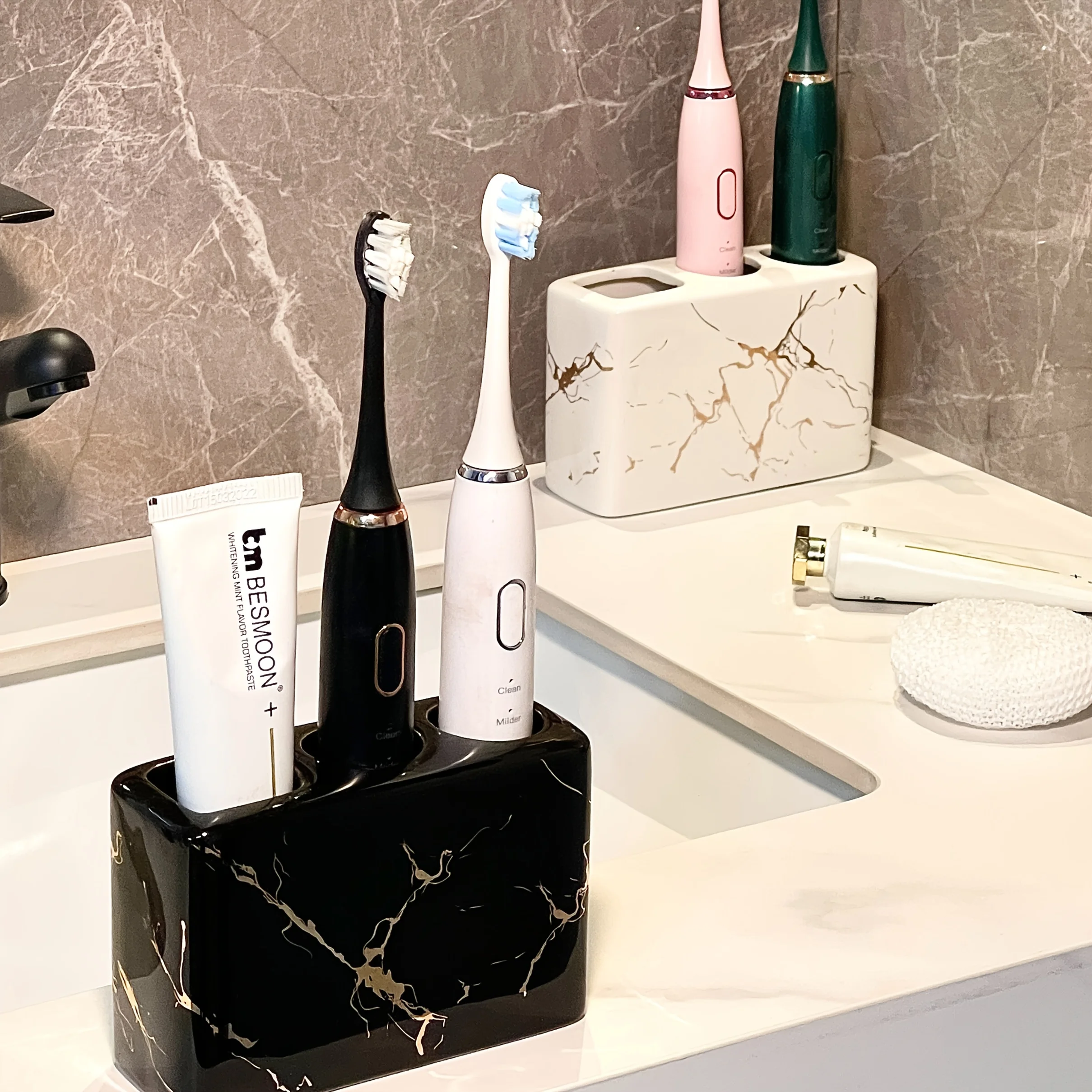 Ceramic Toothbrush Holder with Golden Marble End - 3-Slot Textured Bathroom Organizer, Rustproof Base for Countertop, Toothpaste