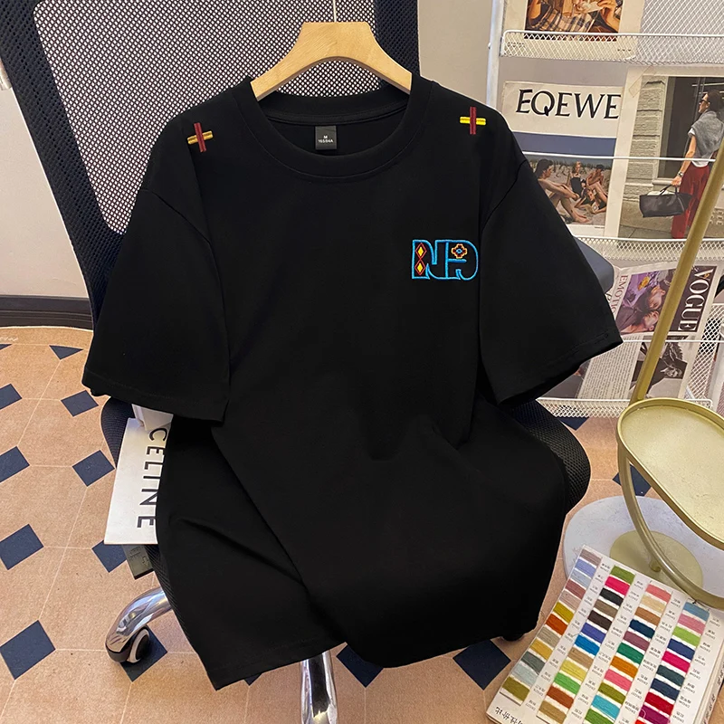 

Heavy Embroidery Pure Cotton Bla ort Sve T-irt ex Summer Loose f Sve Faionable Casual round Ne Top