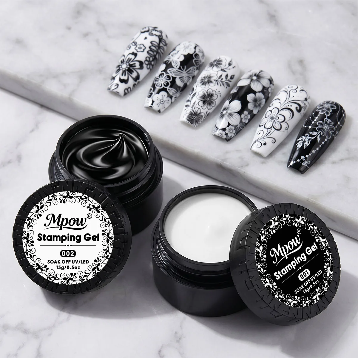 Mpow 1/2 peças 15g Gel de Estampagem Preto e Branco para Nail Art, para Design em Placas, Semipermanente, Removível por Imersão, Ferramenta de Manicure UV LED