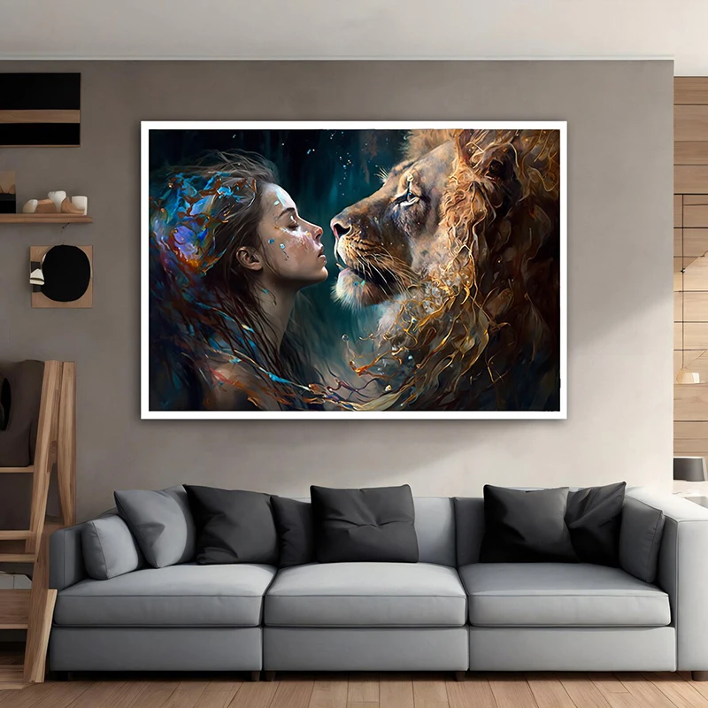 

Love of Woman and Lion Canvas Painting Animal Poster and Prints Abstract Wall Art Pictures For Modern Living Room Home Decor