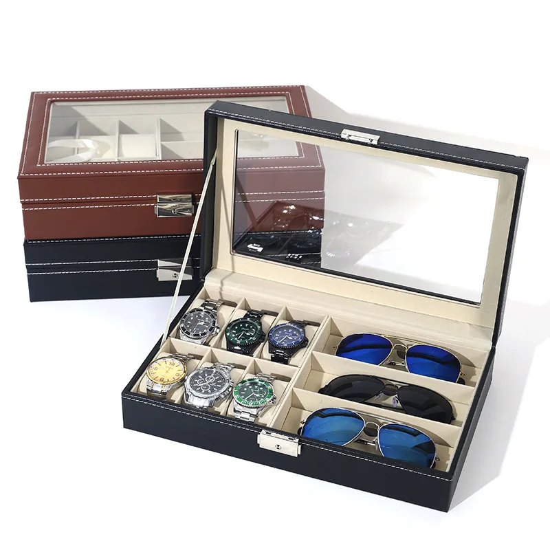 2 in 1 6 Watch and 3 Eyeglasses Box PU Leather Jewelry Display Case Organizer Sunglasses Storage Holder Boxes For Travel