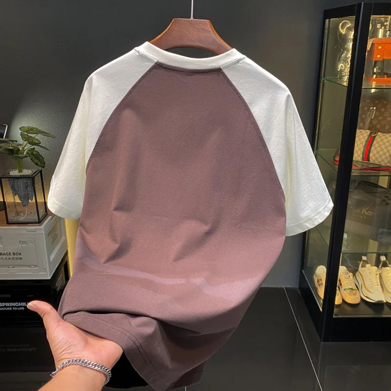 Men's 2026 Summer New Color Block Printed T-Shirt Round Neck Loose Thin Breathable Concise Versatile Daily Casual