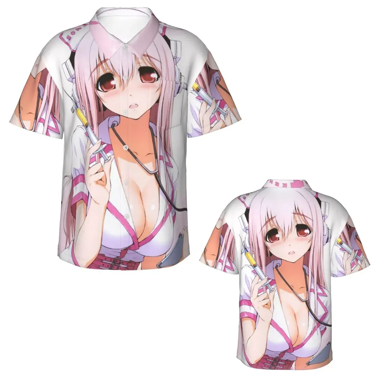 Cartoon Super Sonico Game Cute Girl Hawaiian Shirts Casual Men Short Sleeve Shirt for Summer Beach Men's Lapel Tops