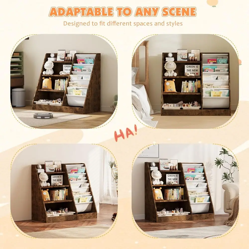 4-Tier Wooden Toddler Bookshelf with 5 Sling Sleeves for Nursery, Playroom, and Classroom Storage view 5