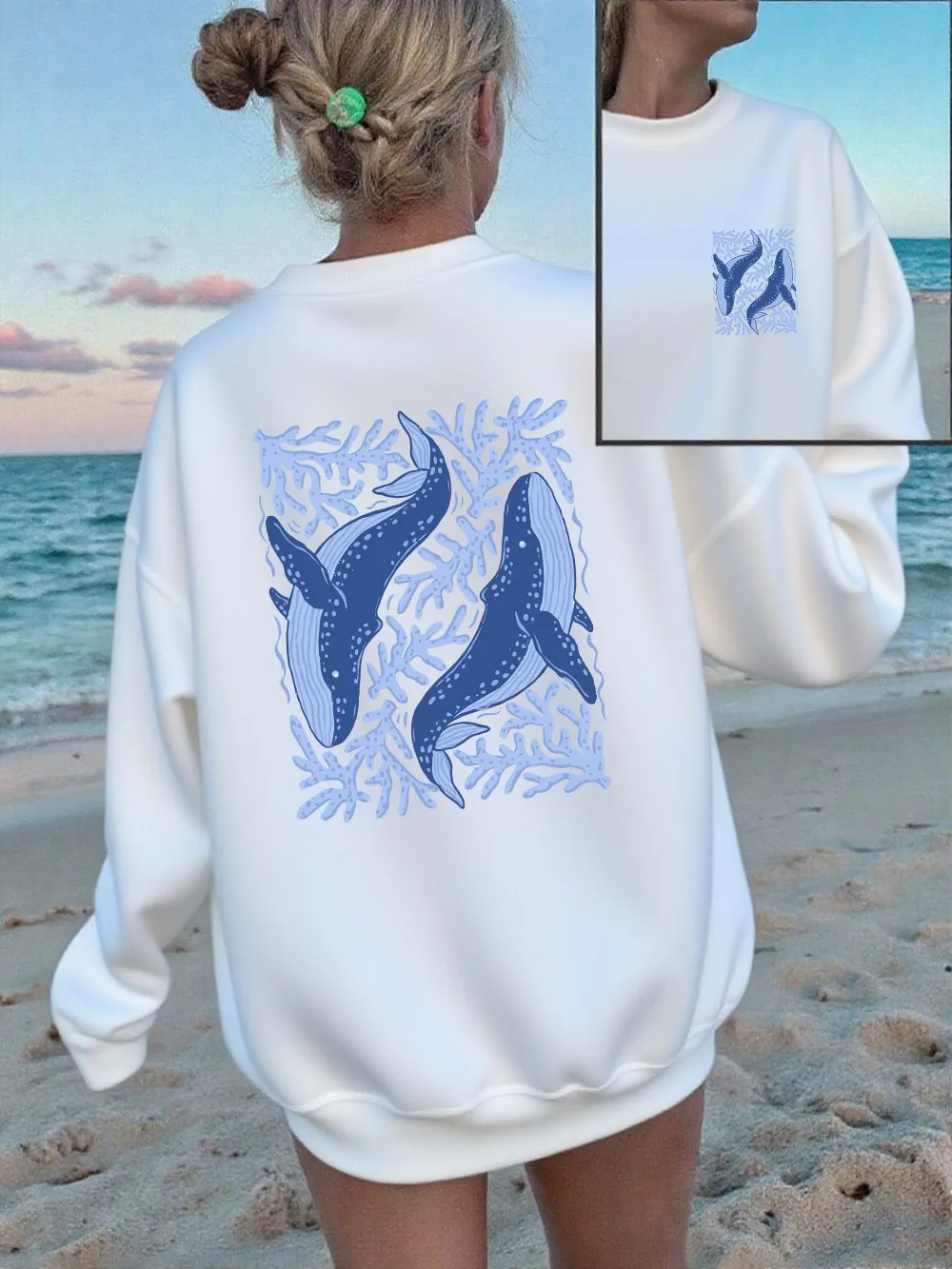 Whale & Coral Printing Sweatshirts Women Autumn Winter Fleece Warm Hoodies Loose Basics Pullovers Casual Crewneck Womans Clothes