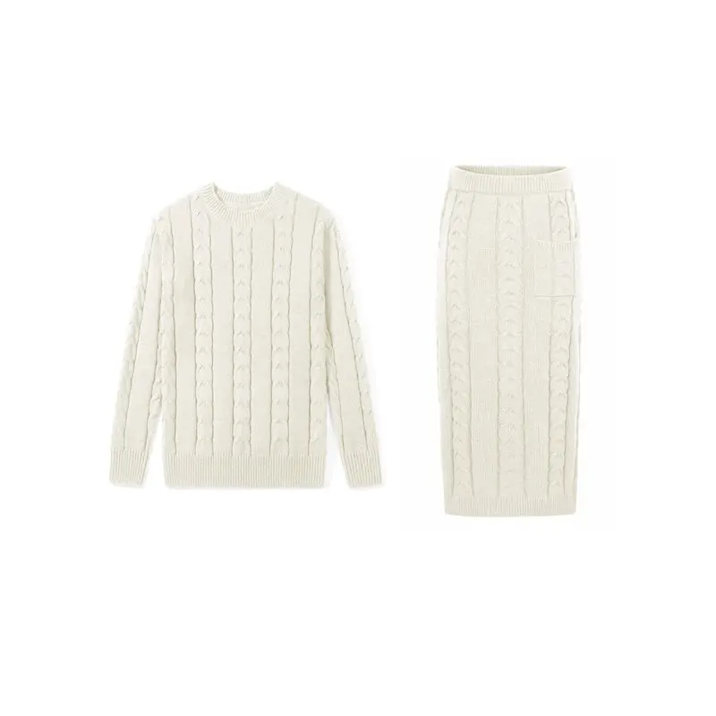 

Женский зимний комплект из двух предметов: свитер и длинная юбка крупной вязки, белый, размер XL