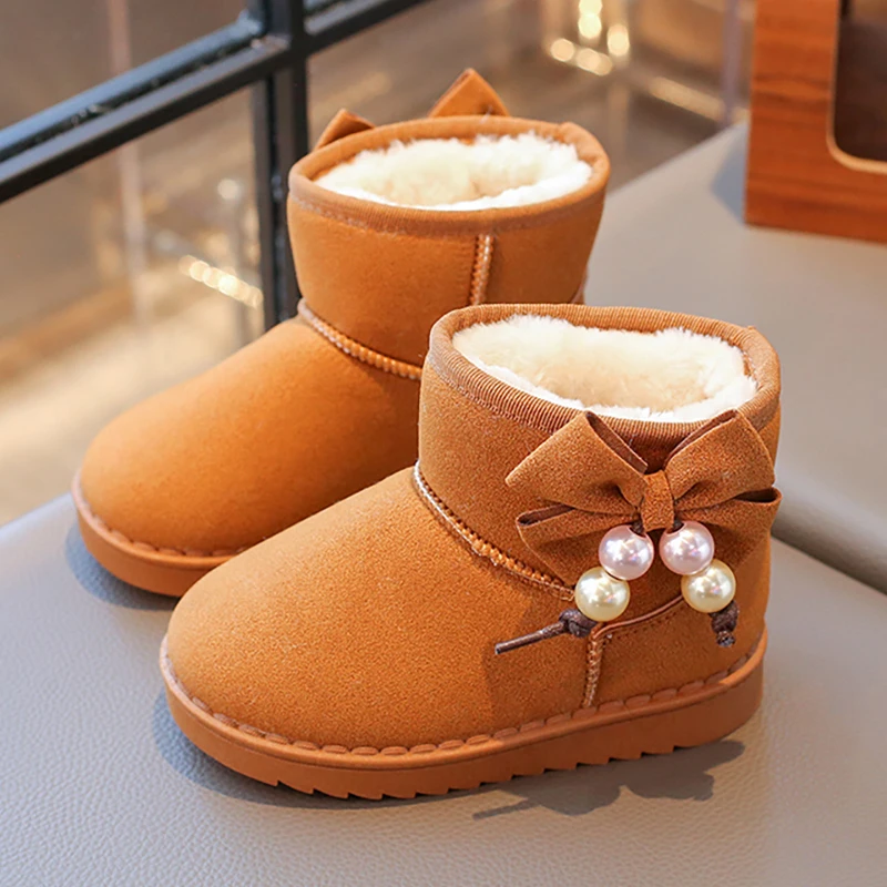 

Faux Fur Winter Boots For Children Korean Style Luxury Pearl Teenager Girl's Snow Boots Thick Warm Cotton Shoes For Kids Boots
