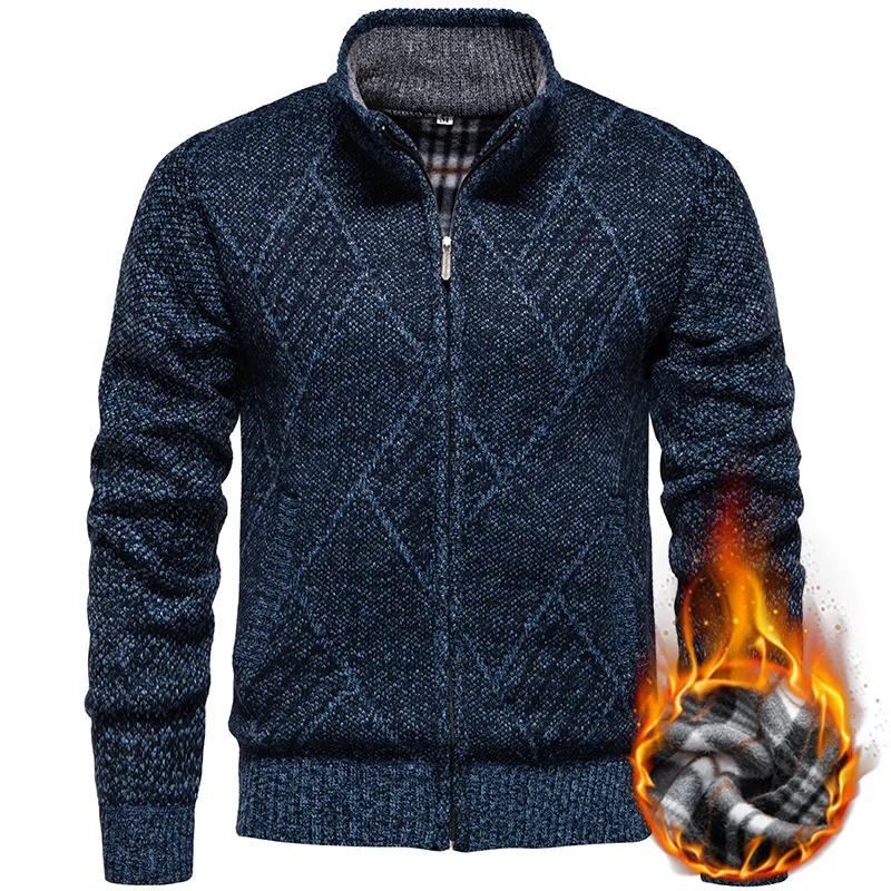 2025 Men's New Men Winter Stand Collar Knitted Sweater Fleece Lined Thickened Cardigan Coat Thermal Insulated Warm Outwear