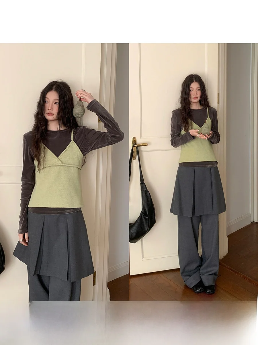 

Linyunyun Green Strapless Long Sleeve Women's Base Shirt Two-Piece Set Simple Fashion Top Breathable Skin-Friendly Polyester ...