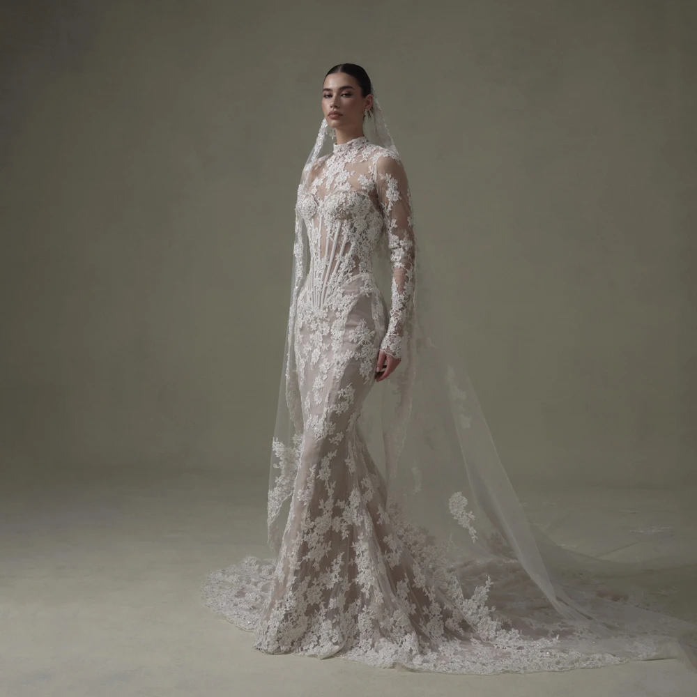 Ivory Lace Mermaid Wedding Dresses for Bride Removable High Neck Long Sleeve Backless Garden Beach Bridal Gown Customized