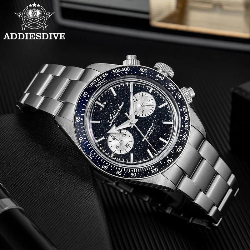 ADDIESDIVE BGW9 Luminous AD2558 Chronograph Men's Watch 10Bar Waterproof 316L Steel Japanese VK64 ”Starry Sky“ Quartz Watch