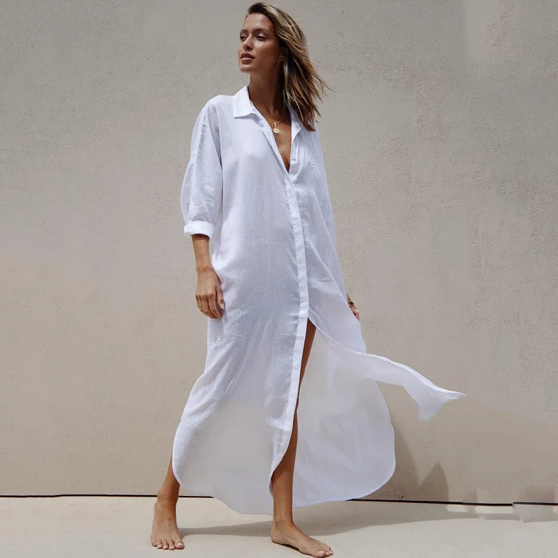 Elegant Full Sleeved Single Breasted Loose Long Dresses Women New Fashion Splited Lapel Shirt Dress Causal Lady Commuting Robes