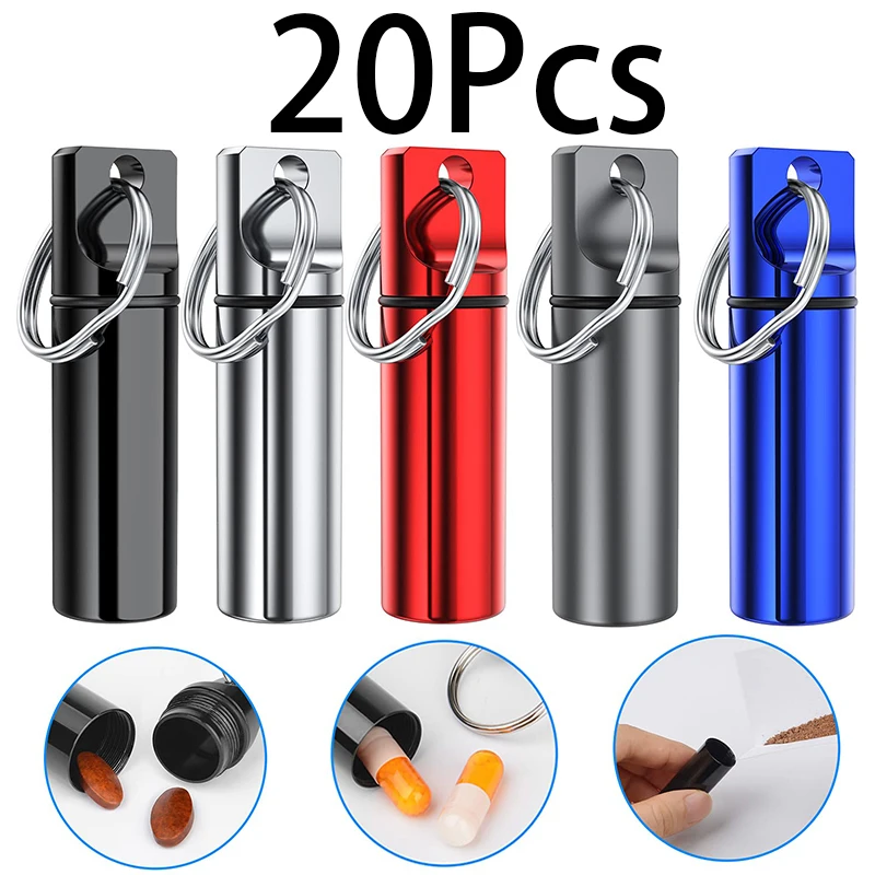 

20Pcs Small Portable Pill Box Keychain Aluminium Alloy Mini Pill Case Container Waterproof Metal Pill Holder Medicine Bottle