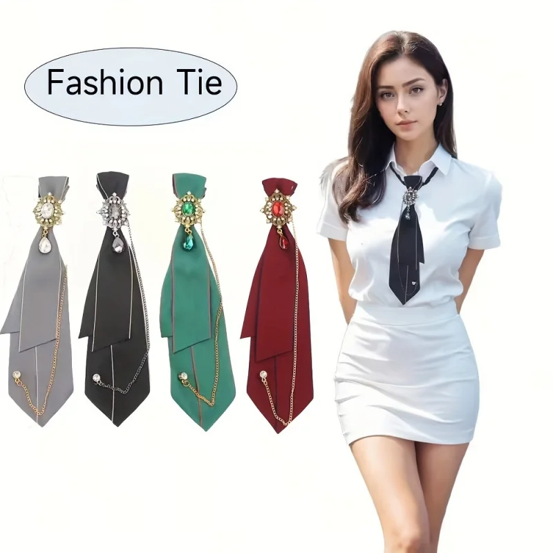 British Preppy White Blouse Necktie with Decorative Brooch and Chain Detail for Men Women Student Graduation Uniform Bow Tie