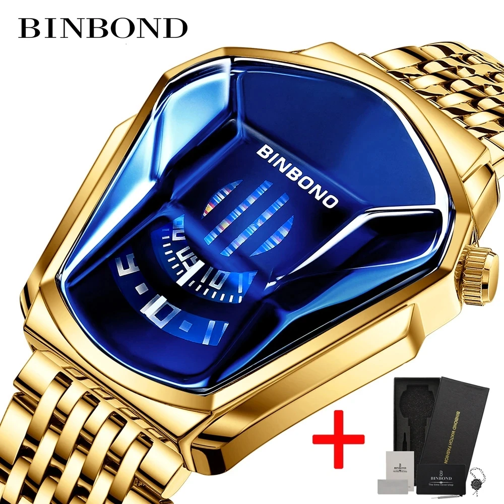 BINBOND Fashion Luxury Unique Military Motorcycle Stainless Steel Business Sports Men\'s Golden Watch Style Concept With box