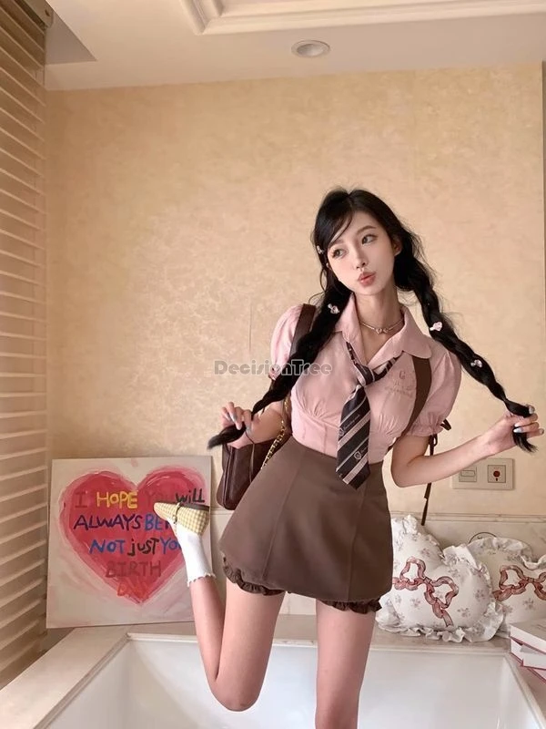 2024 Summer dress preppy fashion sweet jk curled-edge design short-sleeved shirt top skirt two sets women jk uniform set w741