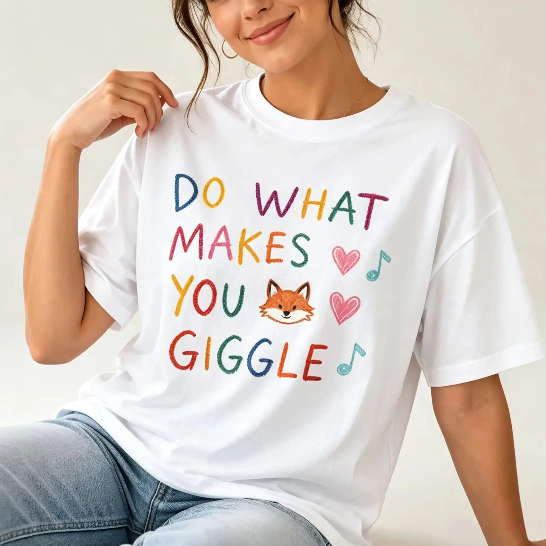 Women's Do What Makes You Giggle Fox Graphic T-Shirt, Color Crayon Letter Heart Music Note Casual Short Sleeve Tee