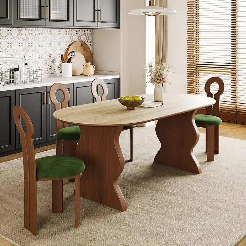 French Retro Oval Dining Table, Light Sintered Stone Top With Wave-Shaped Walnut Base, 6-Seater Vintage Kitchen Furniture