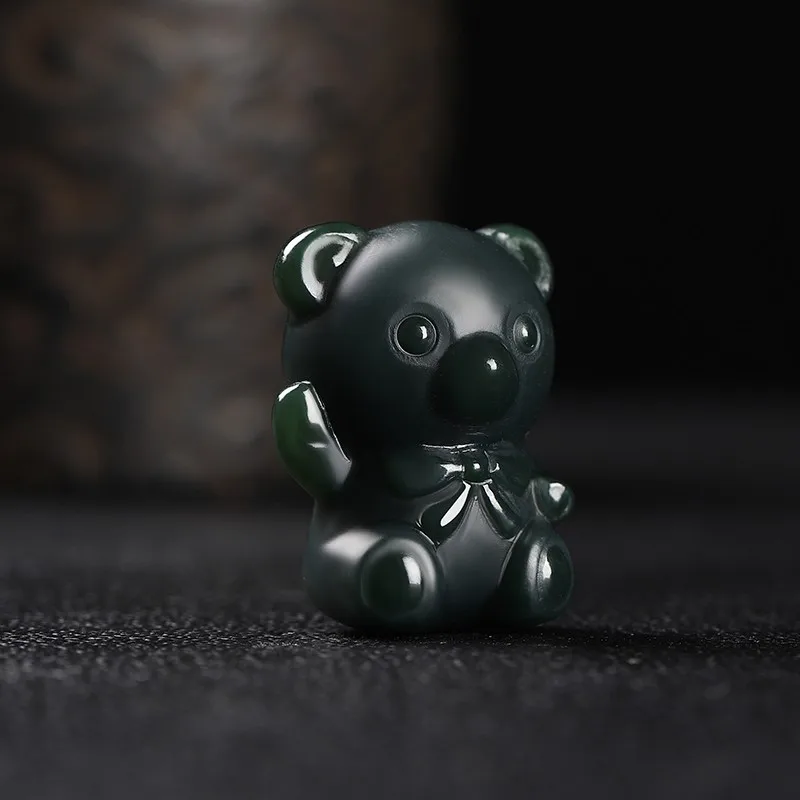 Natural Nephrite Green Jade Bear Necklace Women Fine Jewelry Genuine Chinese Hetian Jade Bear Pendant Sweater Chain Necklaces