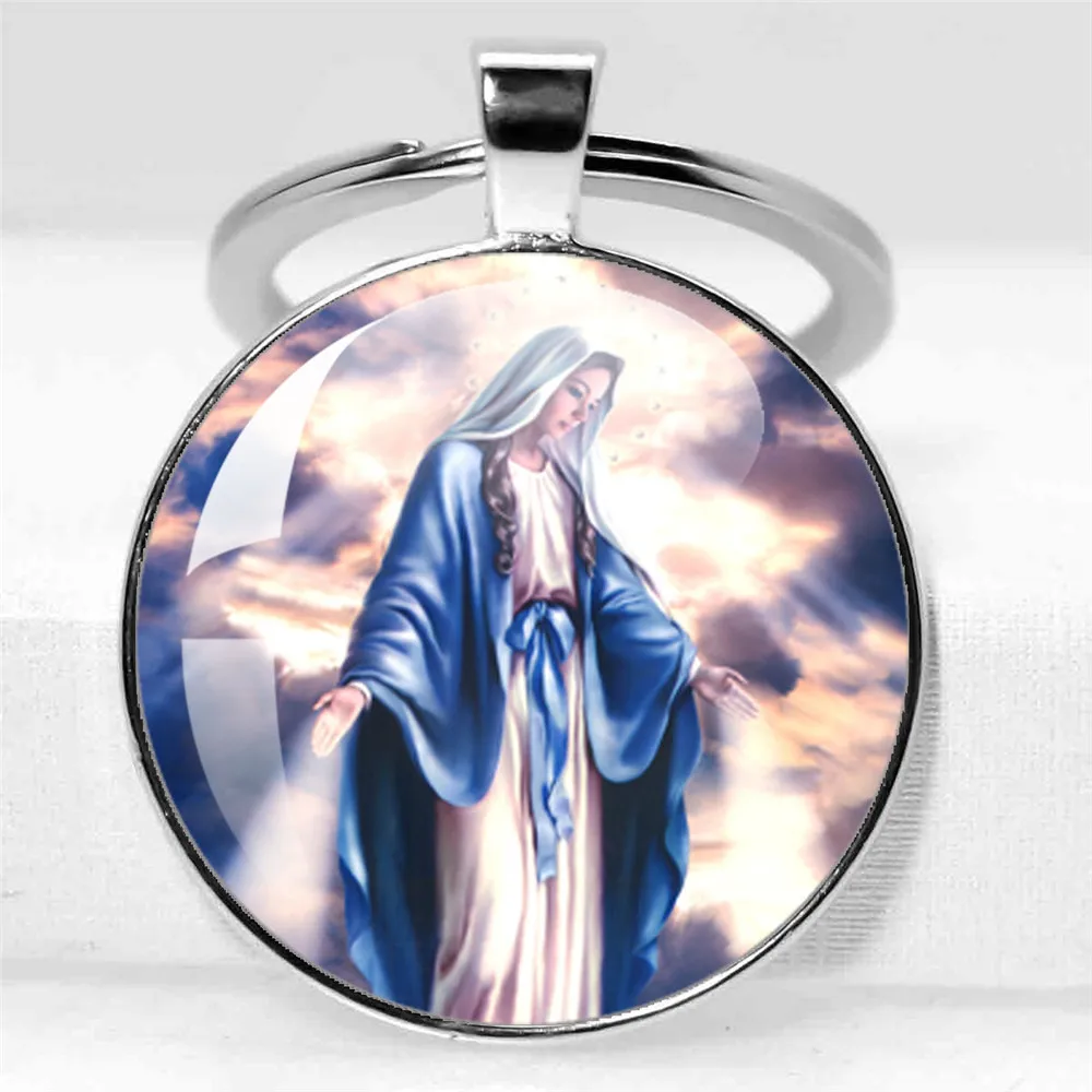 Virgin Mary Religious Glass Pendant Keychain Religious Faith Fashion Religious Keychain  Jewelry Charm Gifts