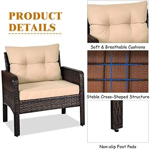 3-Piece Outdoor Rattan Wicker Patio Set with Cushions, Glass Top Coffee Table, Brown