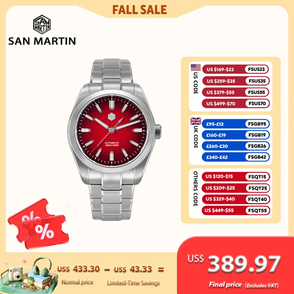 San Martin 39mm 9039 Enamel Gradient Chinese Character Fu Pattern Dial Men Mechanical Watch Original Swim BGW-X1 SN0144GX-1