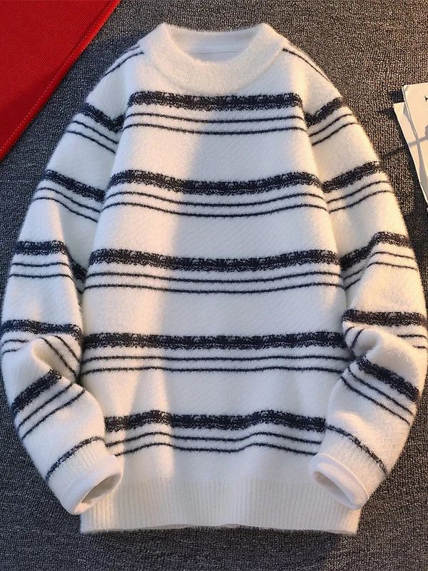 

Teenage Boys' Casual Stripe Knitwear round Ne Sweater Winter Warm Inner Wear Base irt Versatile Leisure Student New Arrival