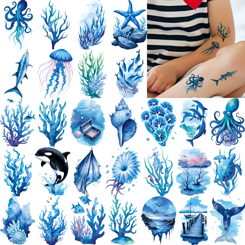 

63pcs Temporary Tattoo Sea Creatures Temporary Tattoo Stickers Marine Life Waterproof Long-lasting Body Stickers For Cheeks