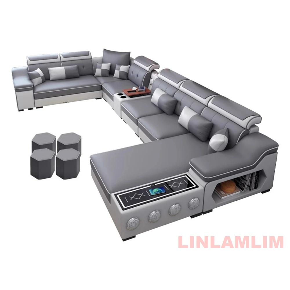 Linlamlim Modern Scientific Cloth Sectional Sofa Set with Chaise Lounge, Bluetooth Speakers, USB Charging Ports for Living Room