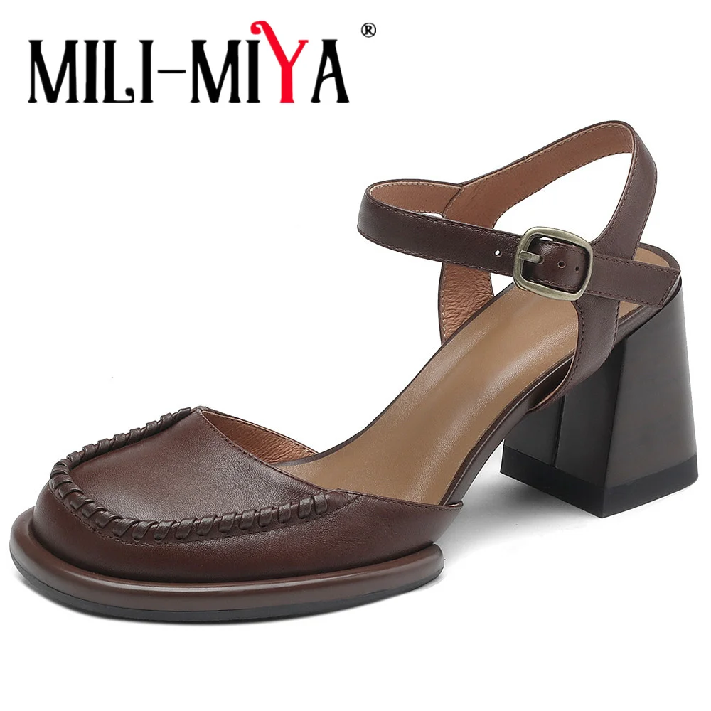 

MILI-MIYA Fashion Weave Splicing Cow Leather Women Full Genuine Leather Pumps Slingbacks Thick Heels Ankle Wrap Handmade