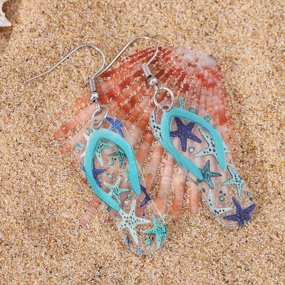 New Ocean Style Blue Sea Star Turtle Slippers Earrings Hawaii Beach Vacations Acrylic Earrings Beach Party Gifts