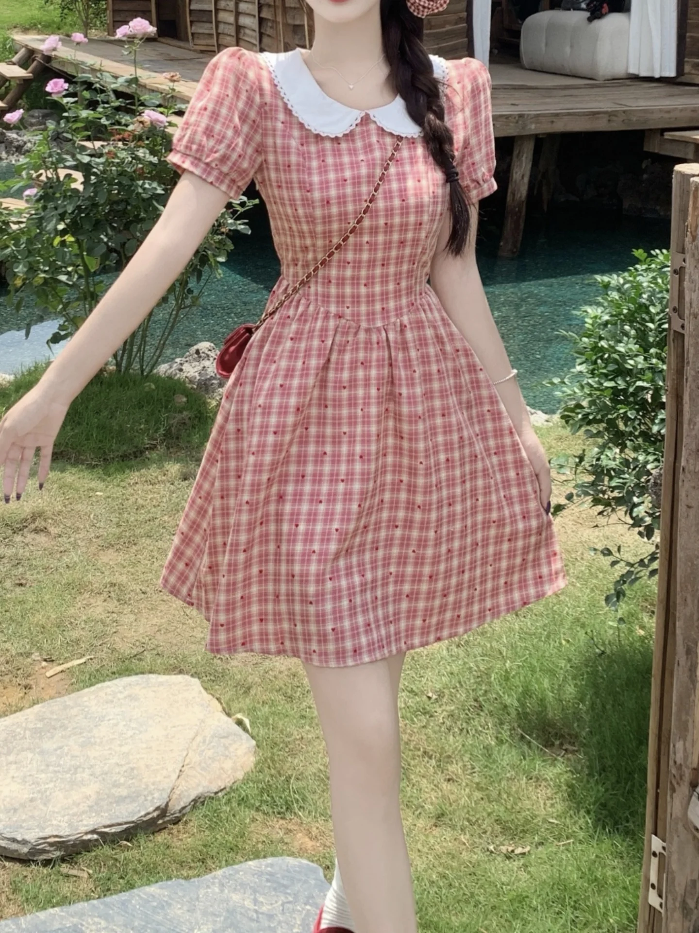 plus Size Sweet Girl Doll Collar Plaid ort Sve Dr Summer Slimming High Waist A-Line Skirt Bubble Sve Soft Fabric