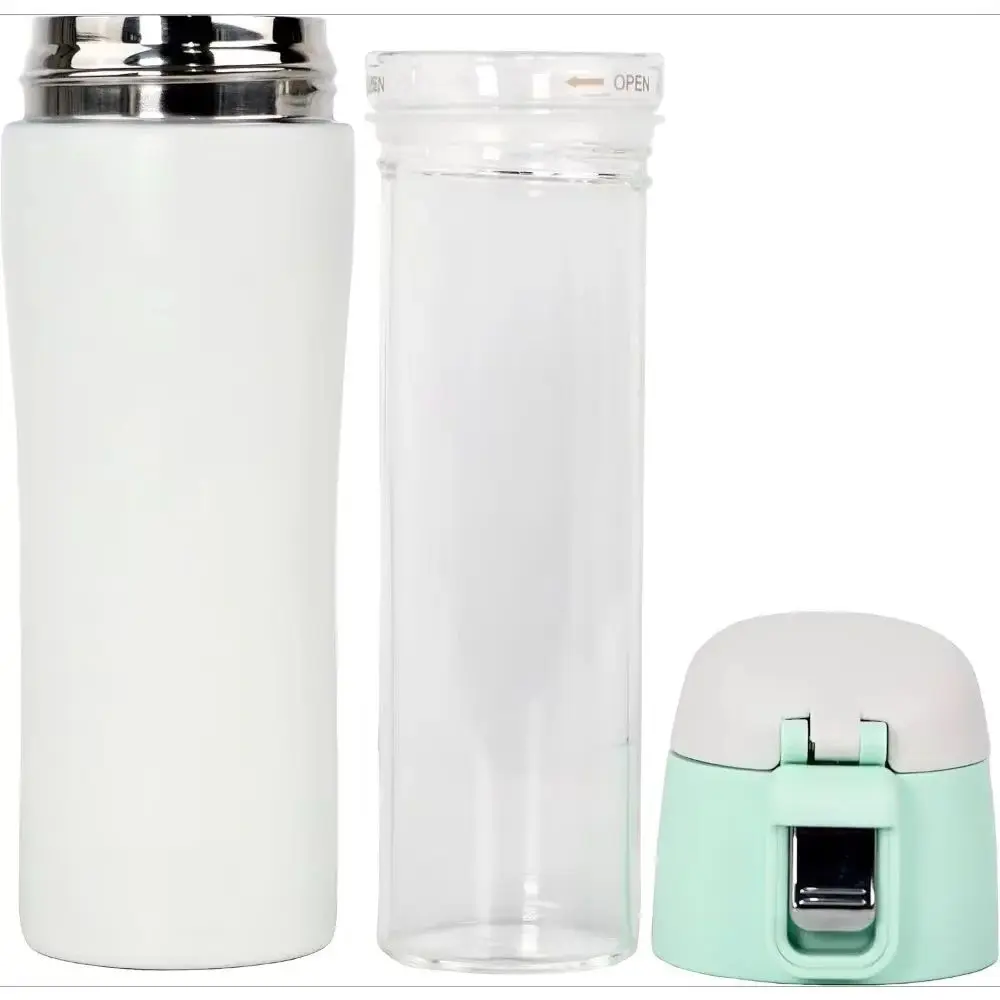 

16oz./473ml stainless steel vacuum-insulated glass bottle with rear button flap and glass-lined interior