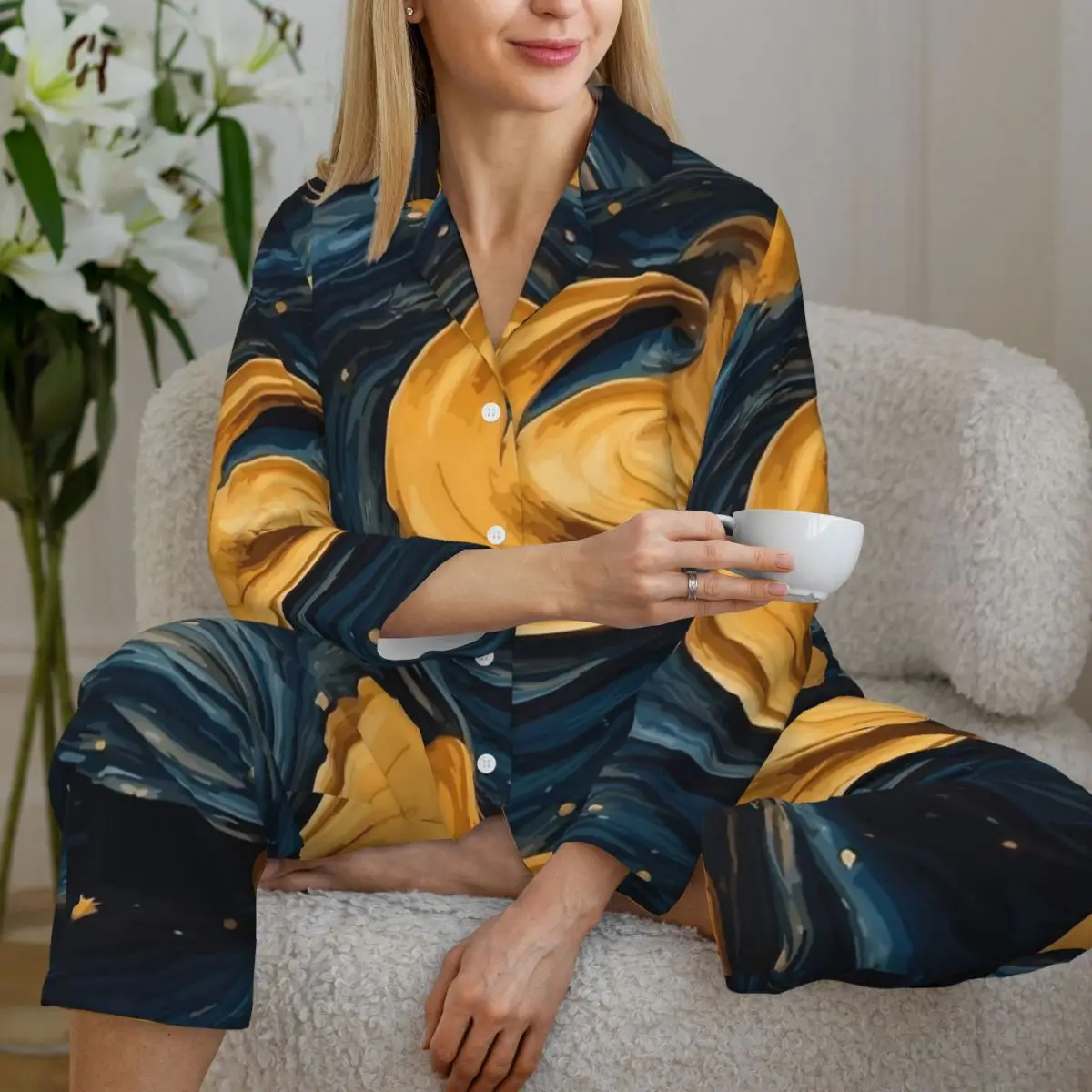 Van Gogh Art Pajamas Woman Kawaii Bedroom Sleepwear Autumn 2 Pieces Casual Oversize Design Home Suit