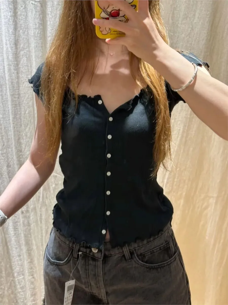

Fungus Trim Solid Slim T-shirts Woman Simple O-neck Ribbed Single Breasted Short Sleeve Cotton Tees Sweet Casual All-match Tops