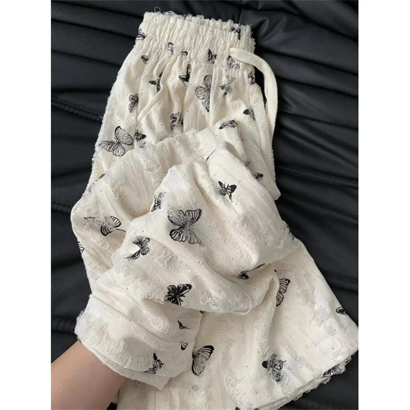 

High Waist Wide Leg Pants Women Summer Loose Butterfly Print Female Casual Pants Y2K Korean Drawstring Floor Length Trousers