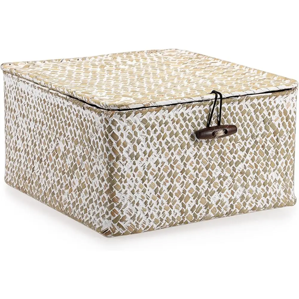 

Whitewashed Seagrass Basket with Lid - Square Storage Bin for Home Organization and Decor, Small