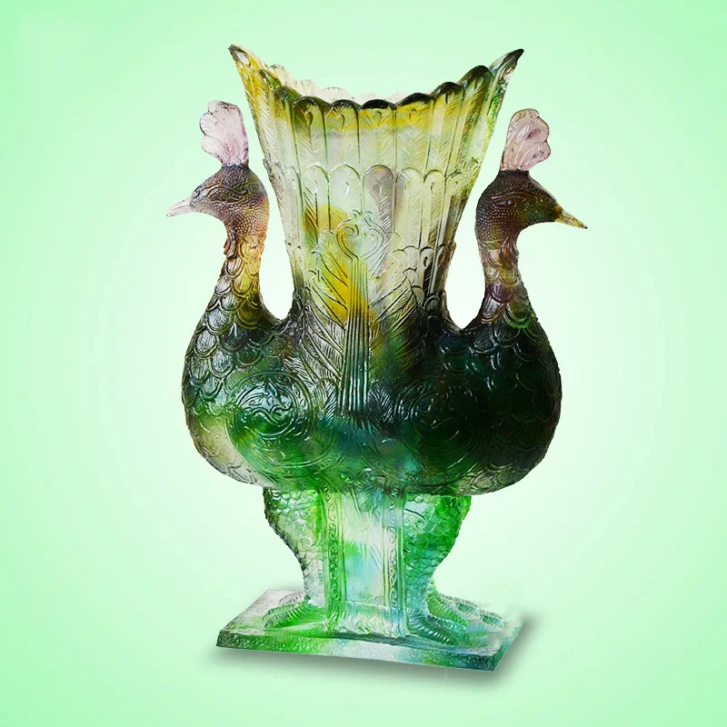 Unique Creative Crystal Peacock Flower Vase Delicate Beauty Artwork Luxury Home Table Decorate Colored Glaze Craft Collection