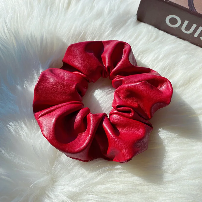 2022 New PU leather Solid Scrunchies Women Girls Headband Elastic Rubber Hair Bands Ponytail Holder Hair Ties Rope Accessories