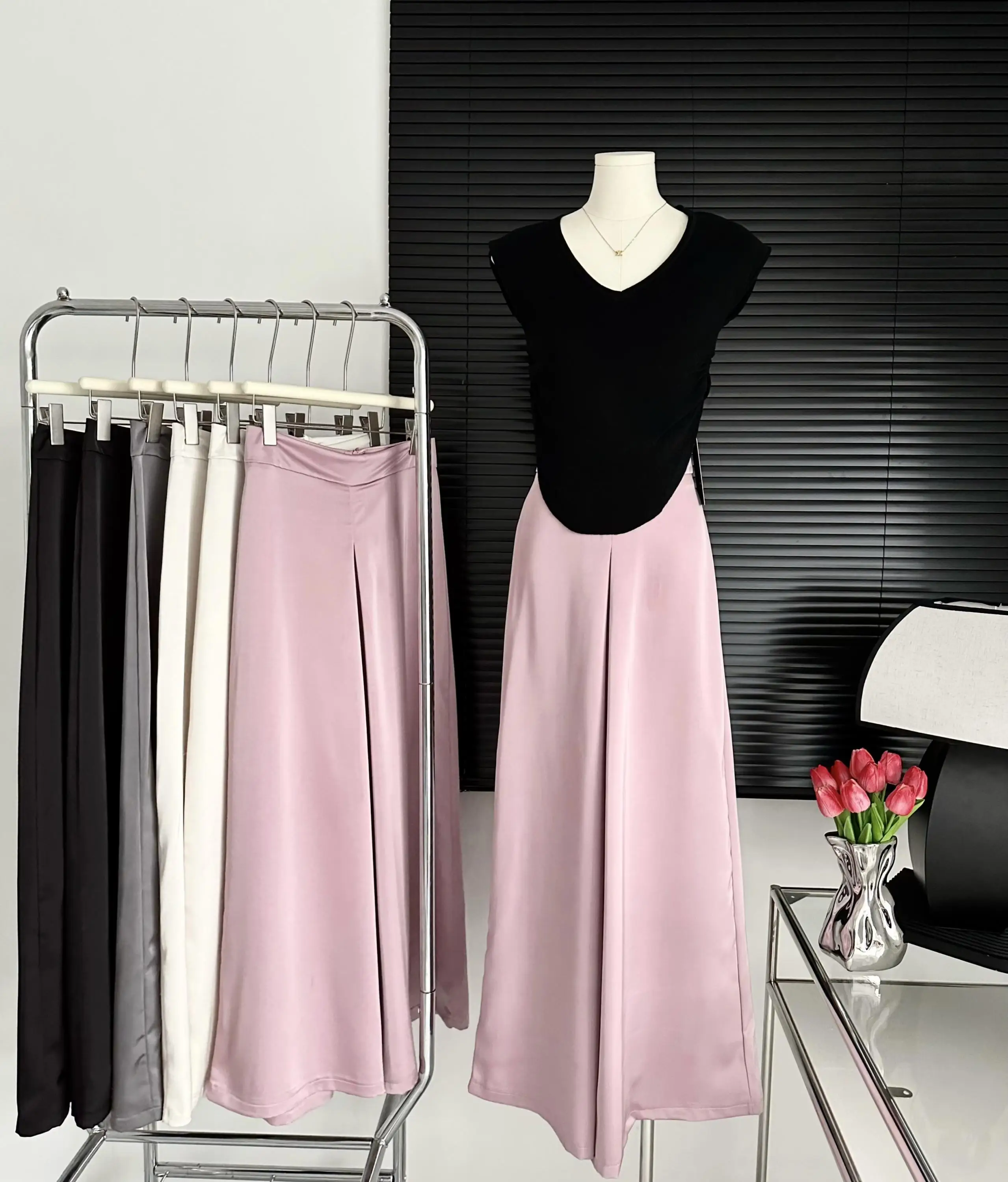 Women's Elegant Acetate Wide Leg Pants Lady Summer Chic High Waist Loose Full Length Satin Pants