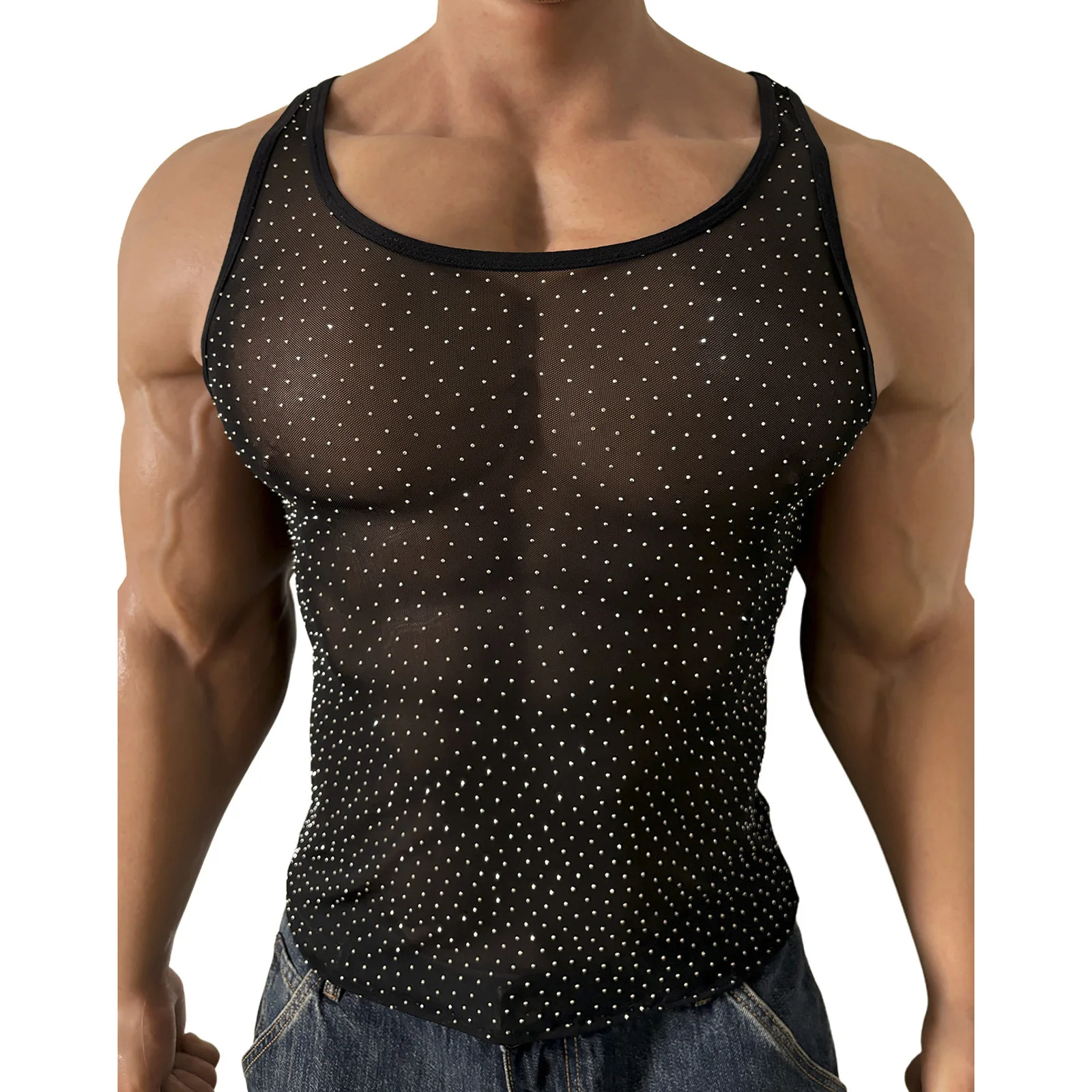 Mens Glitter Rhinestone Showing Muscle Mesh Tank Top Sleeveless See Through Mesh Vest Slim Fit T-shirt Tops Rave Party Clubwear