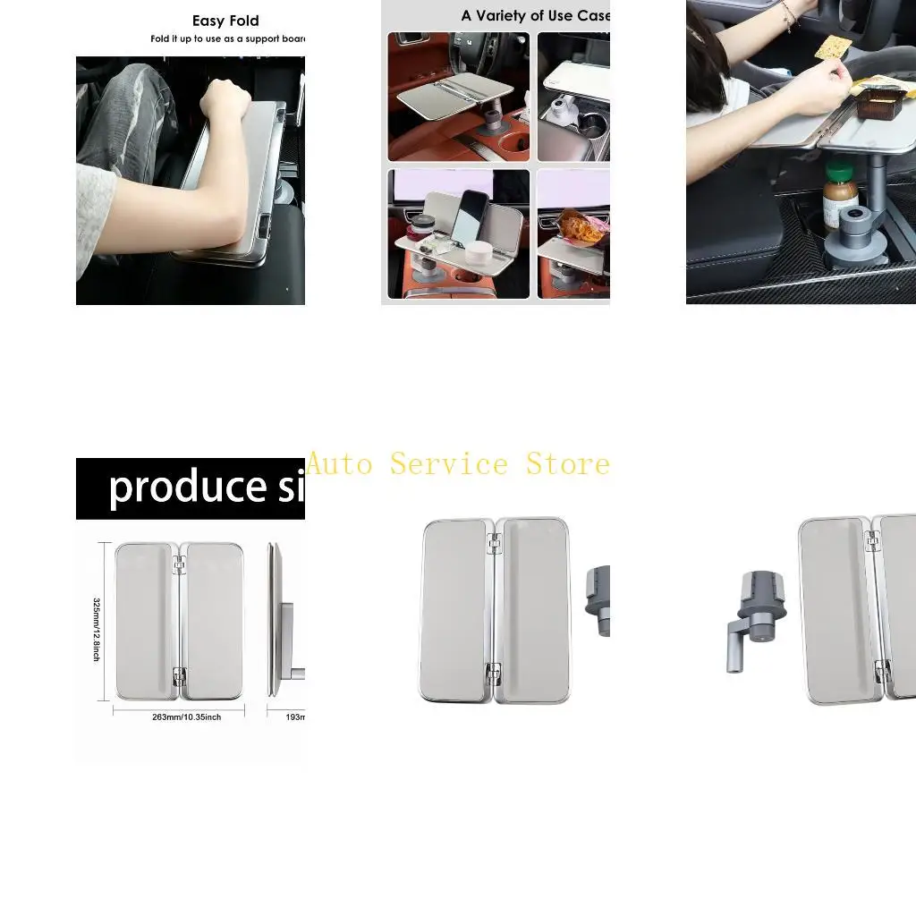 462A Turn Arm Car Tray Table for Center Console, Cup Slot Mount Desk with Tuck-In Two-Panel Top for Front Break Time and Meals